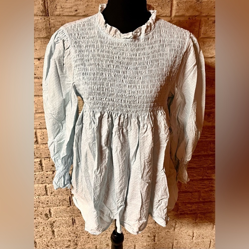 Light Blue Smocked Blouse XL Babydoll Peplum Top Ruffle Mock Neck Long Sleeve